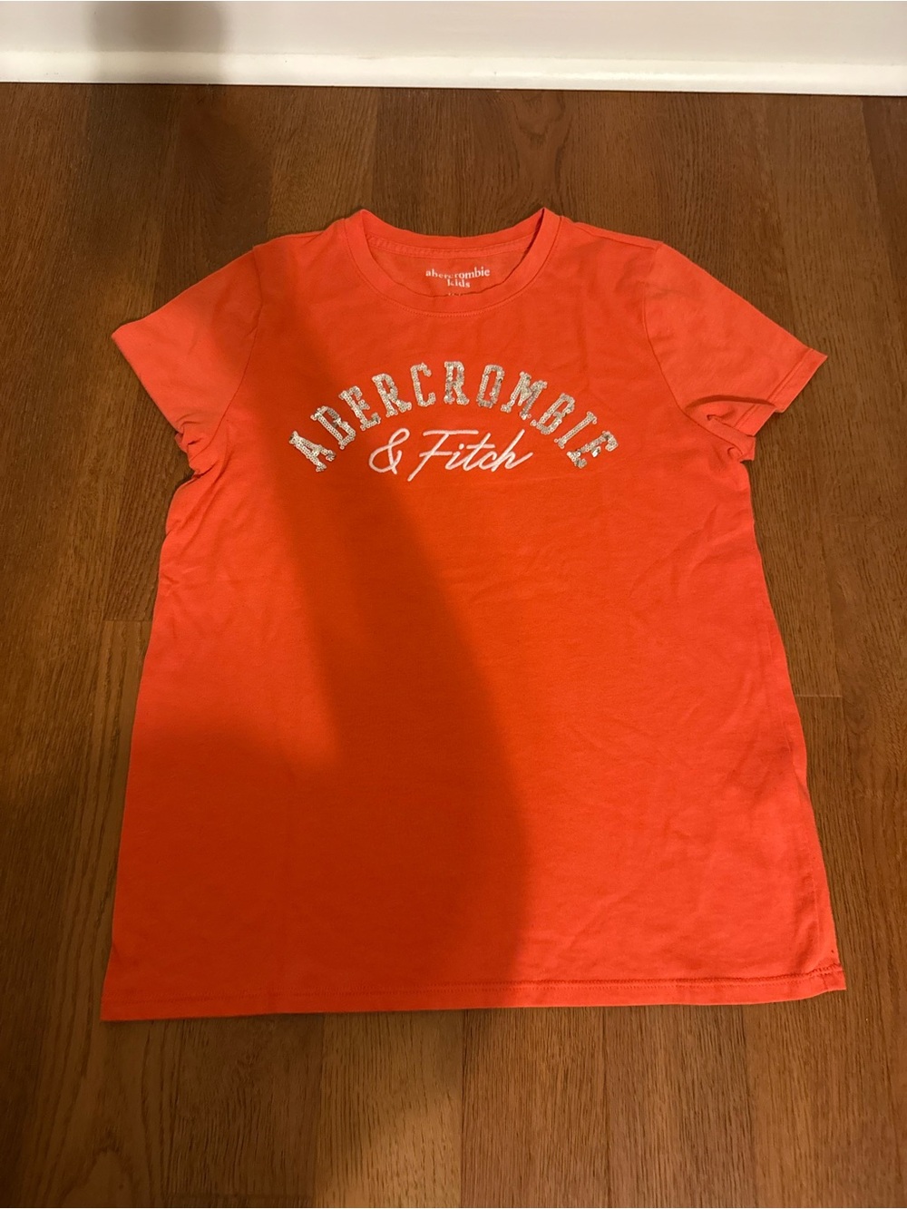 Abercrombie Kids Coral Orange Silver Sequin Logo Graphic T-Shirt Size 13/14